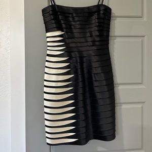 BCBGMaxazria Black and White Bandage Strapless Evening Dress